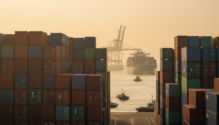 Eye-level view of stacked containers beside a busy port waterway