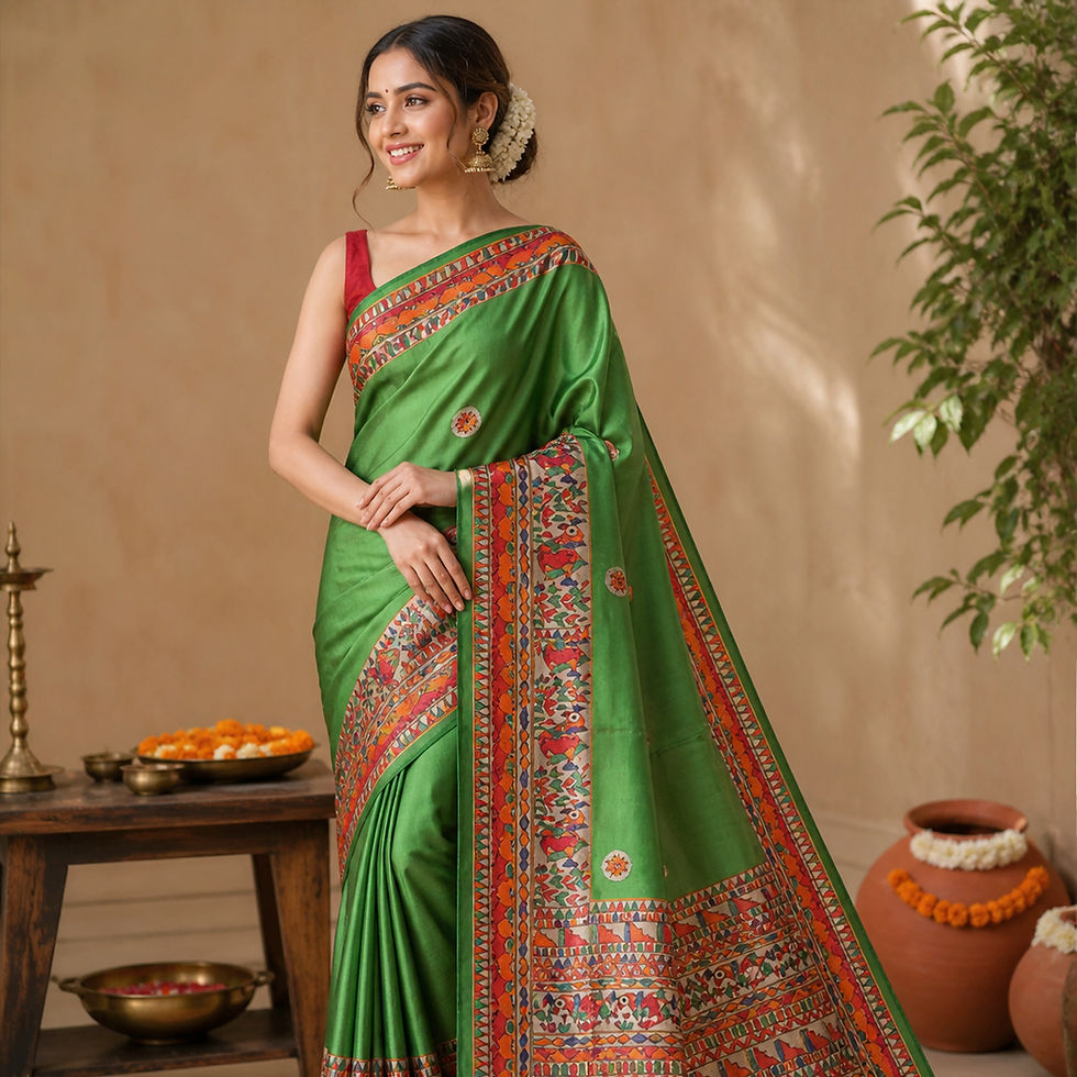 Vanvasi Kavya Madhubani hand-painted Munga silk saree