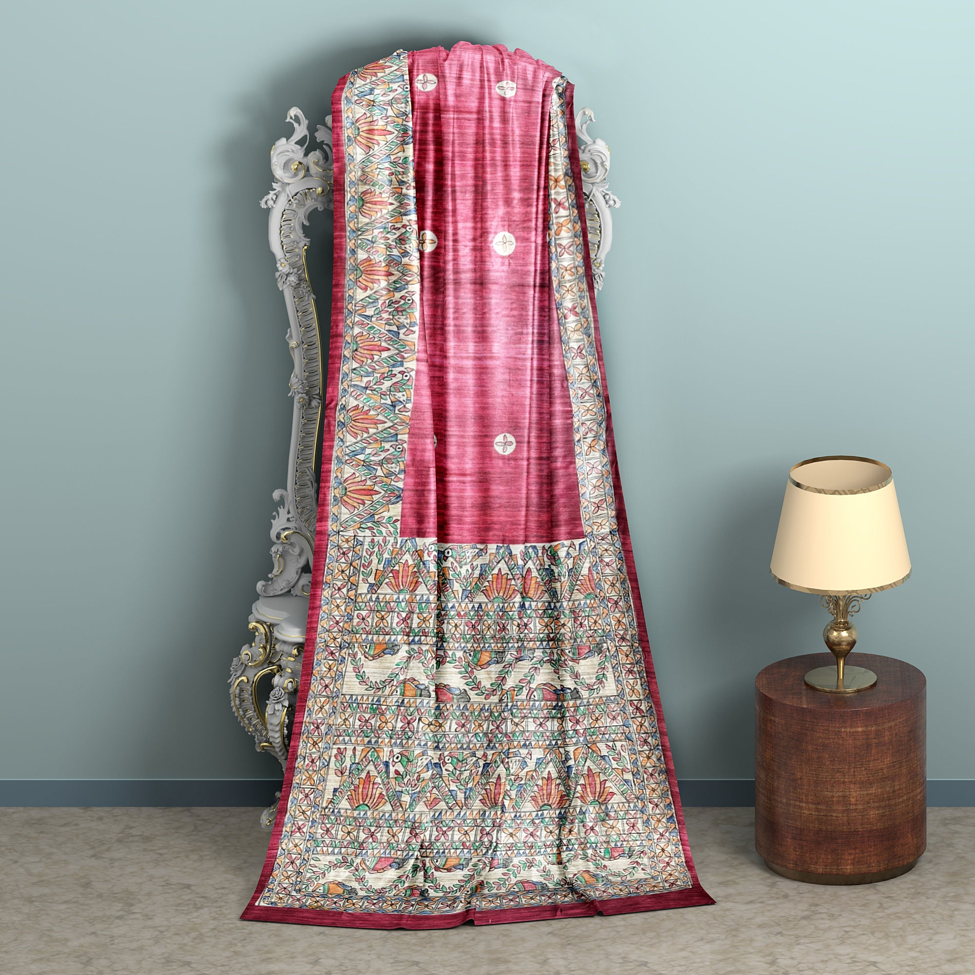 Mystic Peacock & Fish Madhubani Ghicha silk Saree