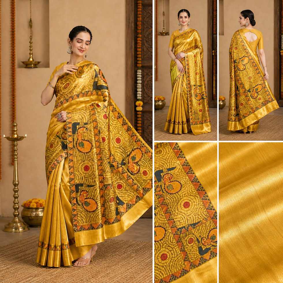 Thumbnail: Luxury Tussar silk saree featuring Golden Mayur Genesis Madhubani artwork