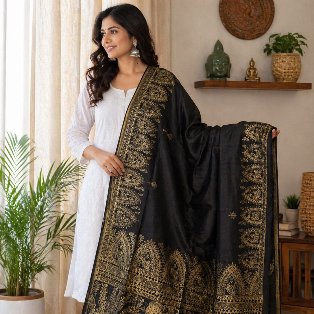 Luxury handpainted Madhubani Tassar silk dupatta featuring golden fish artwork