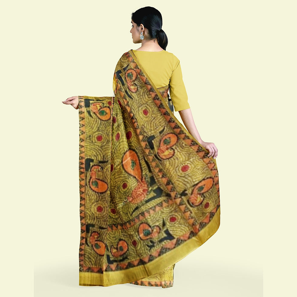 Thumbnail: Golden Peacock Genesishand painted madhubani desi tussar silk saree