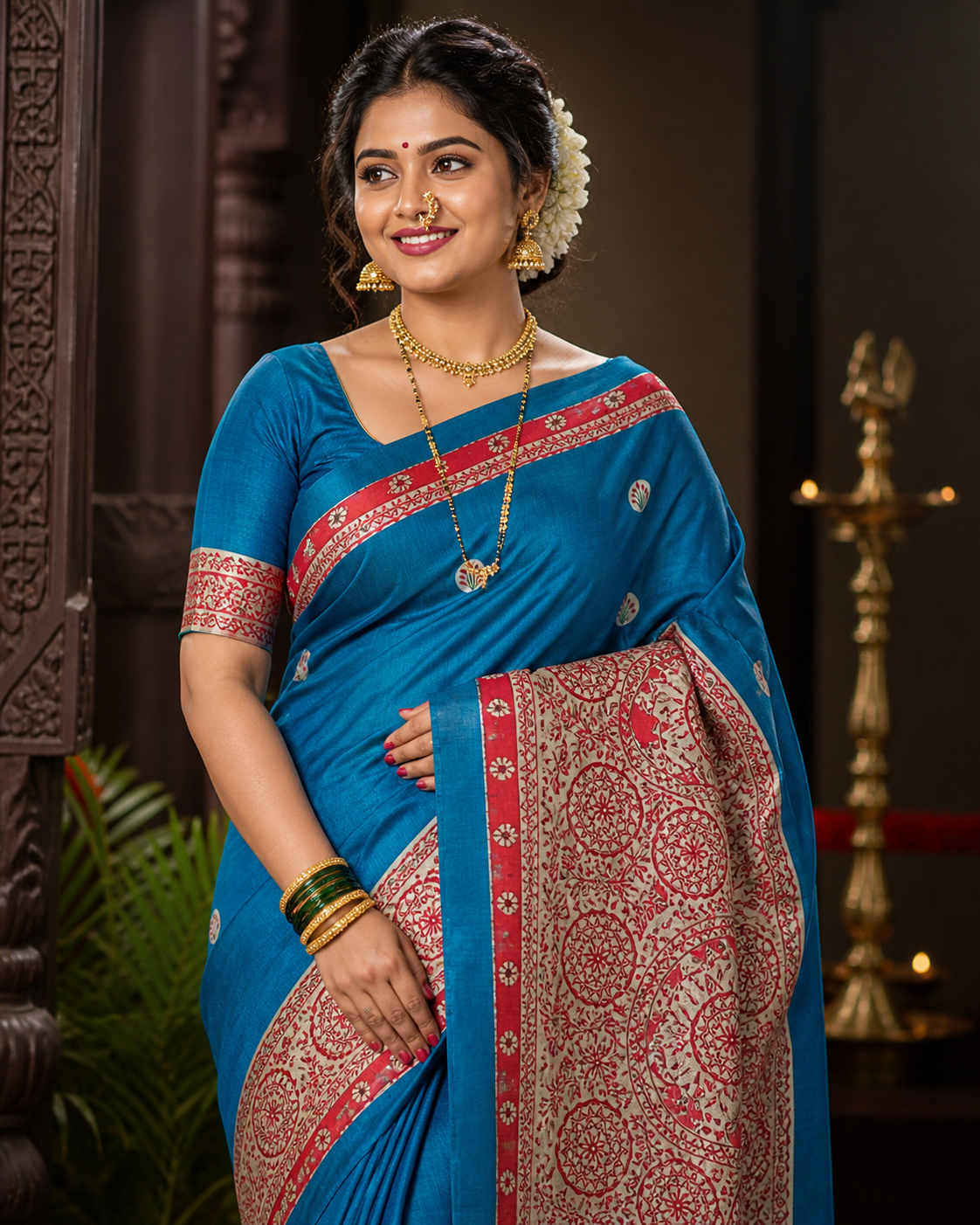 Elegant hand-painted Kohabar Madhubani saree in silk