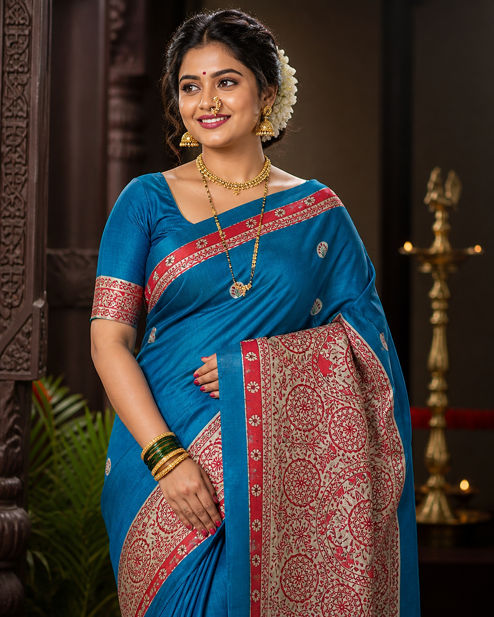 Elegant hand-painted Kohabar Madhubani saree in silk