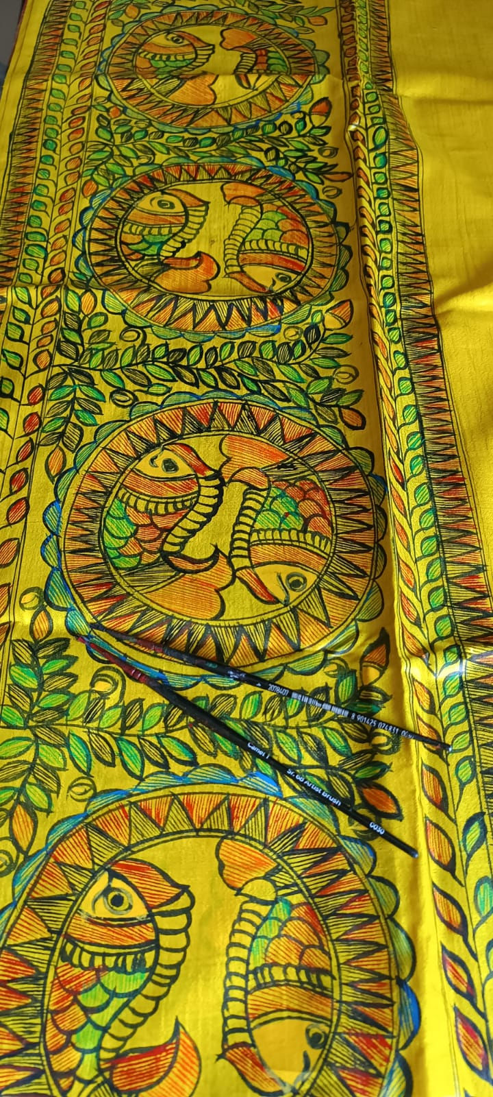 Thumbnail: Golden Matsya Tale hand painted madhubani tussar silk saree