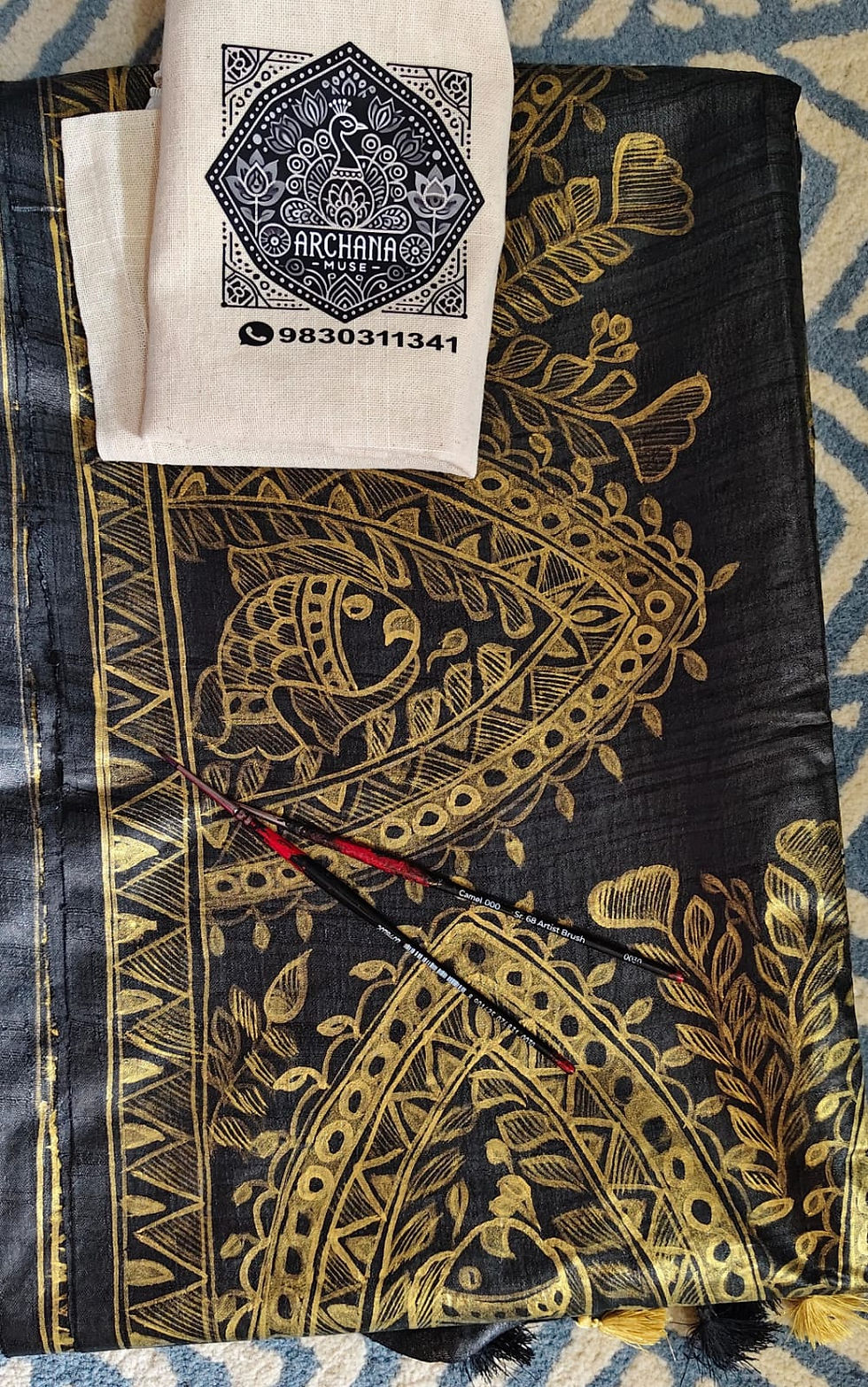 Thumbnail: Premium hand-painted Madhubani silk dupatta in golden fish pattern