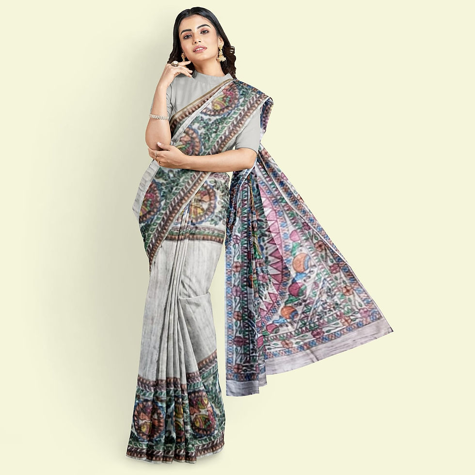 Thumbnail: Rang Matsya Madhubani hand painted ghicha silk saree