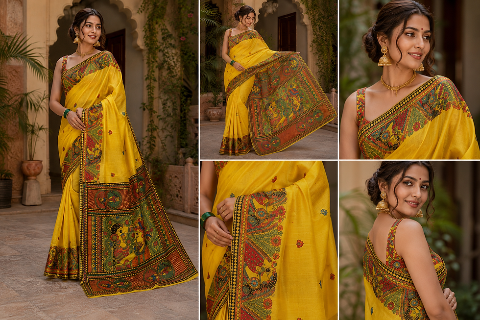 Pure tussar silk saree with Radha Krishna Madhubani pallu art
