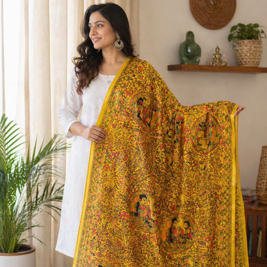 Designer Radha-Krishna Ras Leela hand-painted silk dupatta by Archana Muse