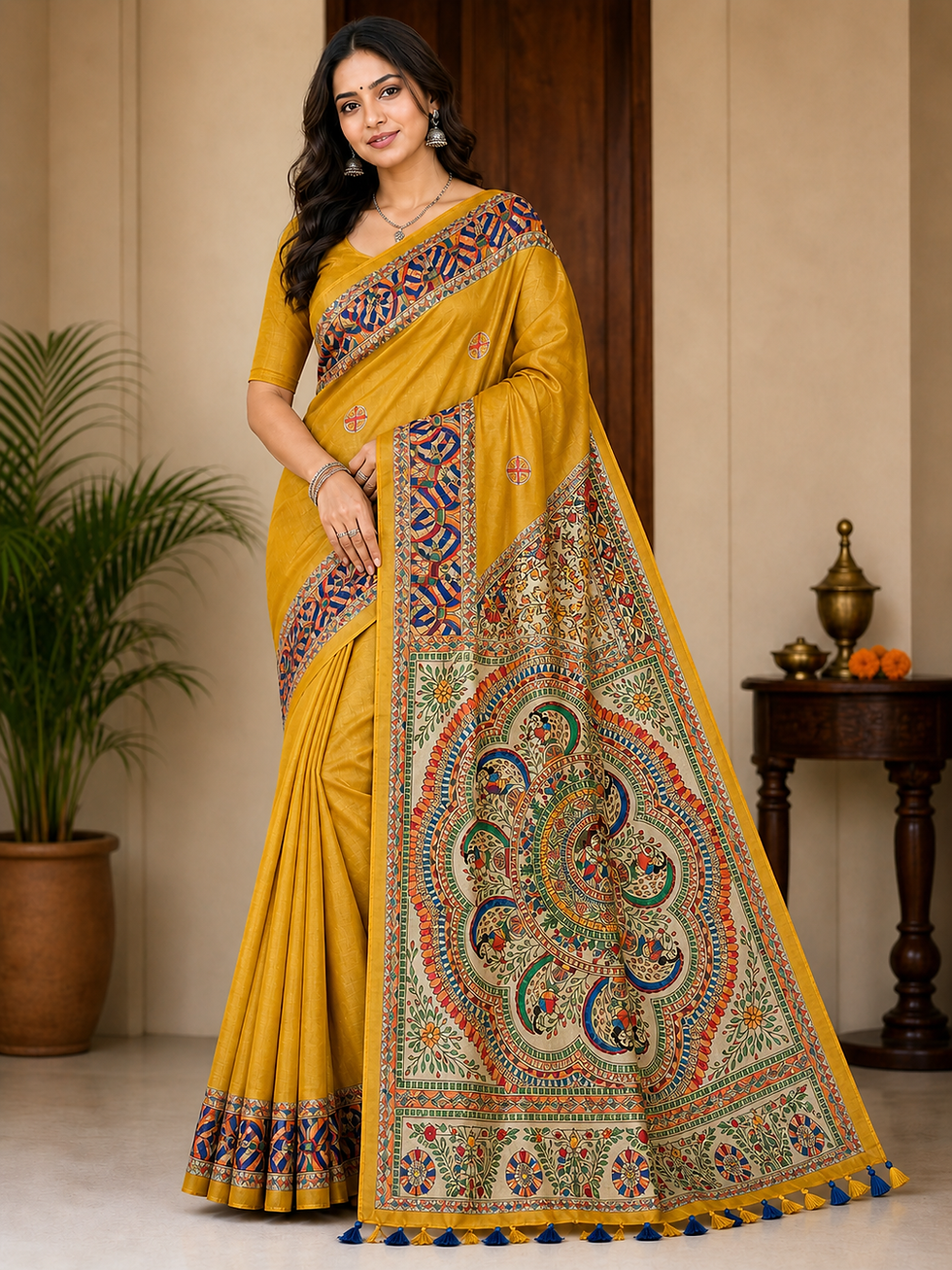 Traditional hand-painted Madhubani Ghicha silk saree with Vrindavan theme