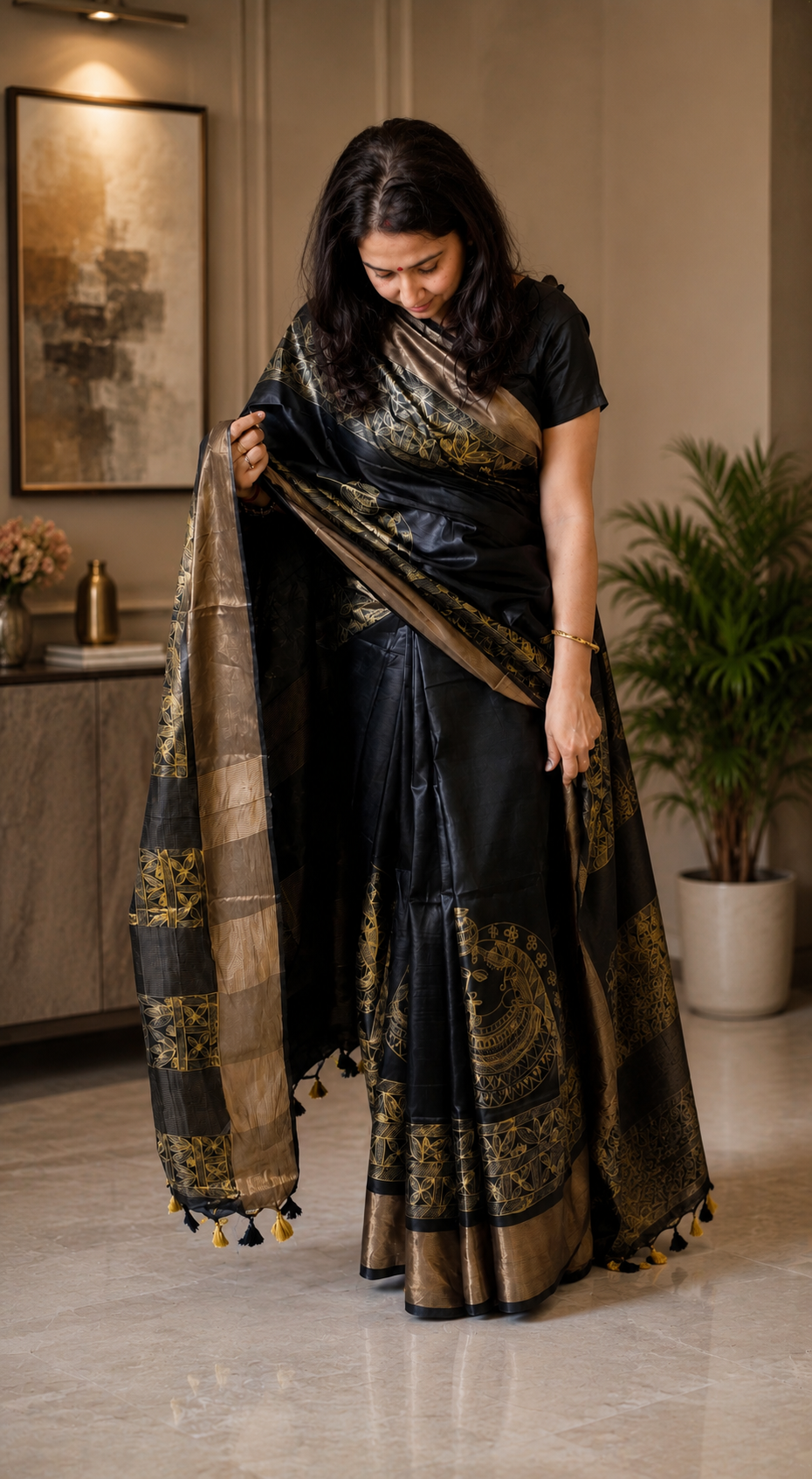 Thumbnail: Traditional Madhubani hand-painted Tassar silk saree with Shyam Mataki Kamal design