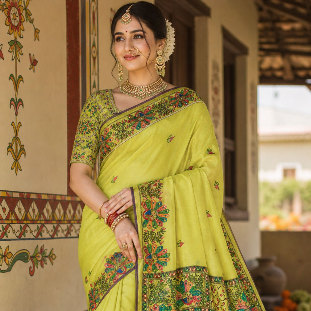 Luxury Munga silk saree featuring Jhulan Leela Madhubani artwork