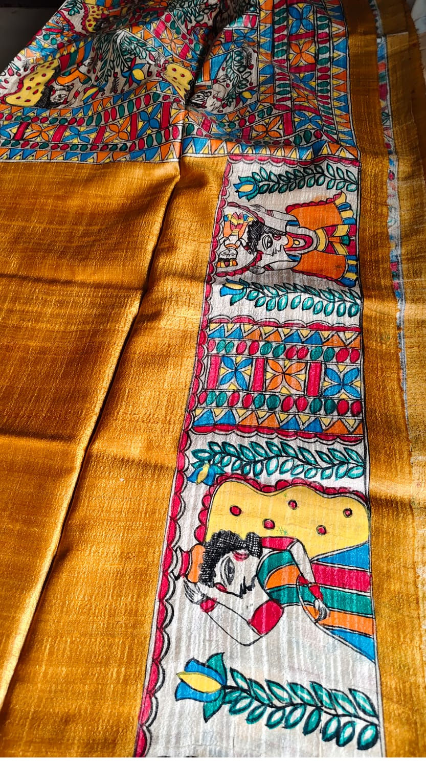 Thumbnail: Pure Tussar silk saree with Krishna Leela pallu and folk border