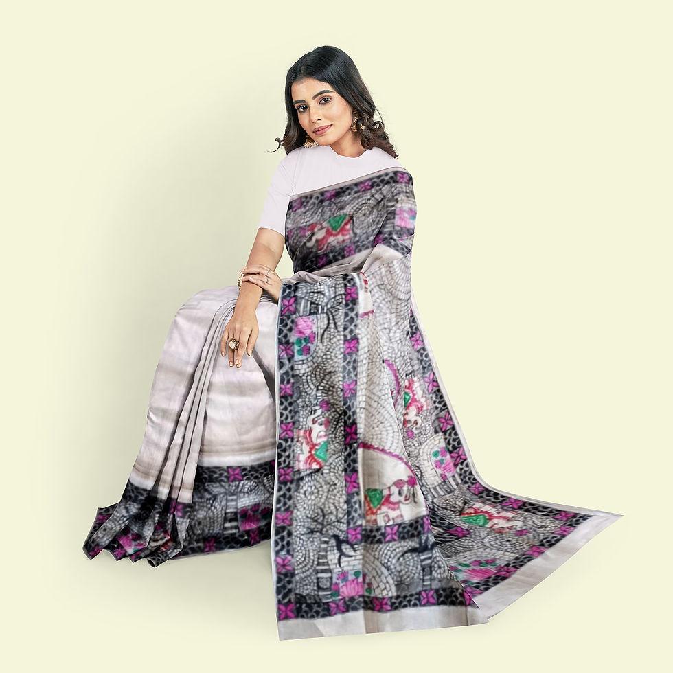 Thumbnail: Gajraj Madhubani hand painted tussar silk saree