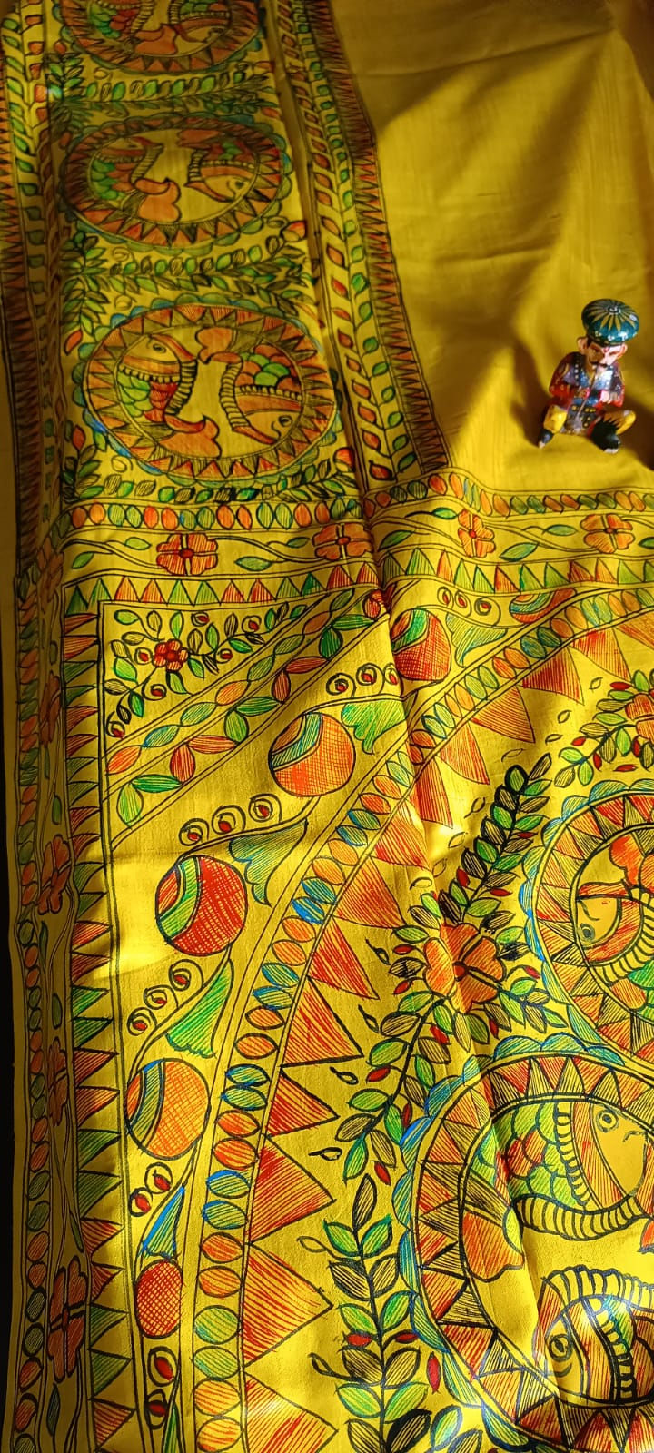 Thumbnail: Golden Matsya Tale hand painted madhubani tussar silk saree