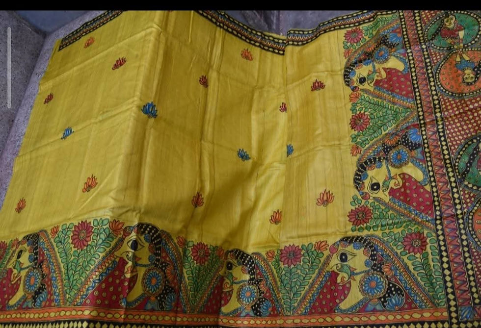 Thumbnail: Traditional Mithila art yellow silk saree with Madhubani painting