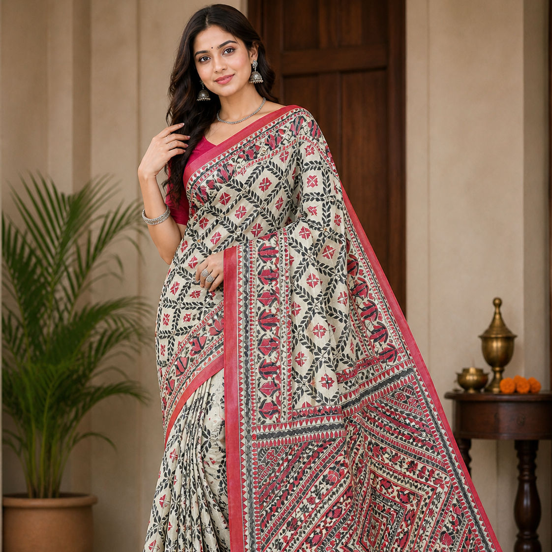 Matsya nritya hand painted madhubani munga silk saree