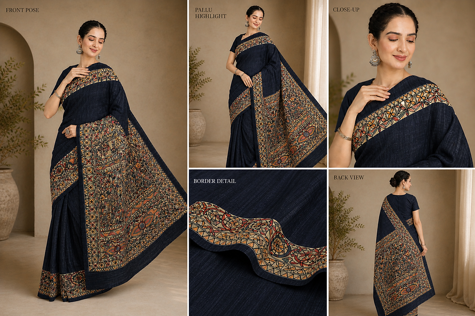 Elegant Noir Mayur Streaks Madhubani art on pure Ghicha silk saree