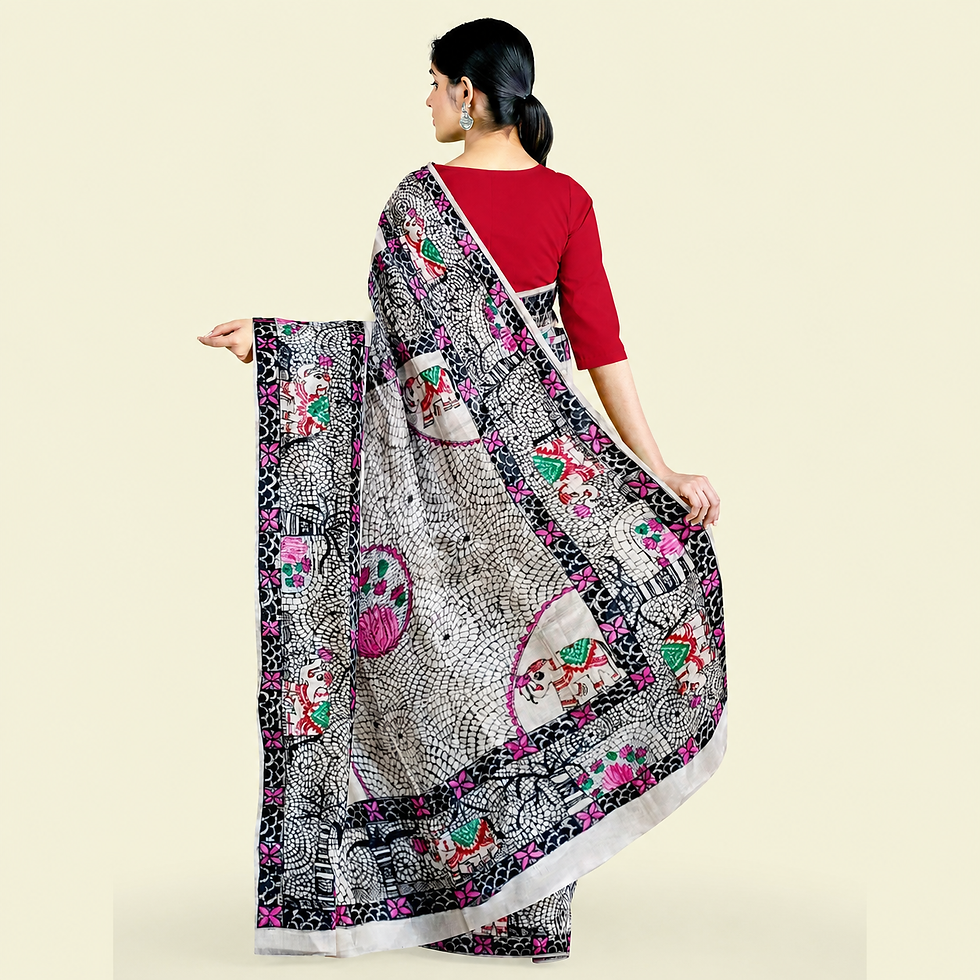 Thumbnail: Ethnic Indian Tussar silk saree with royal elephant-inspired Madhubani art