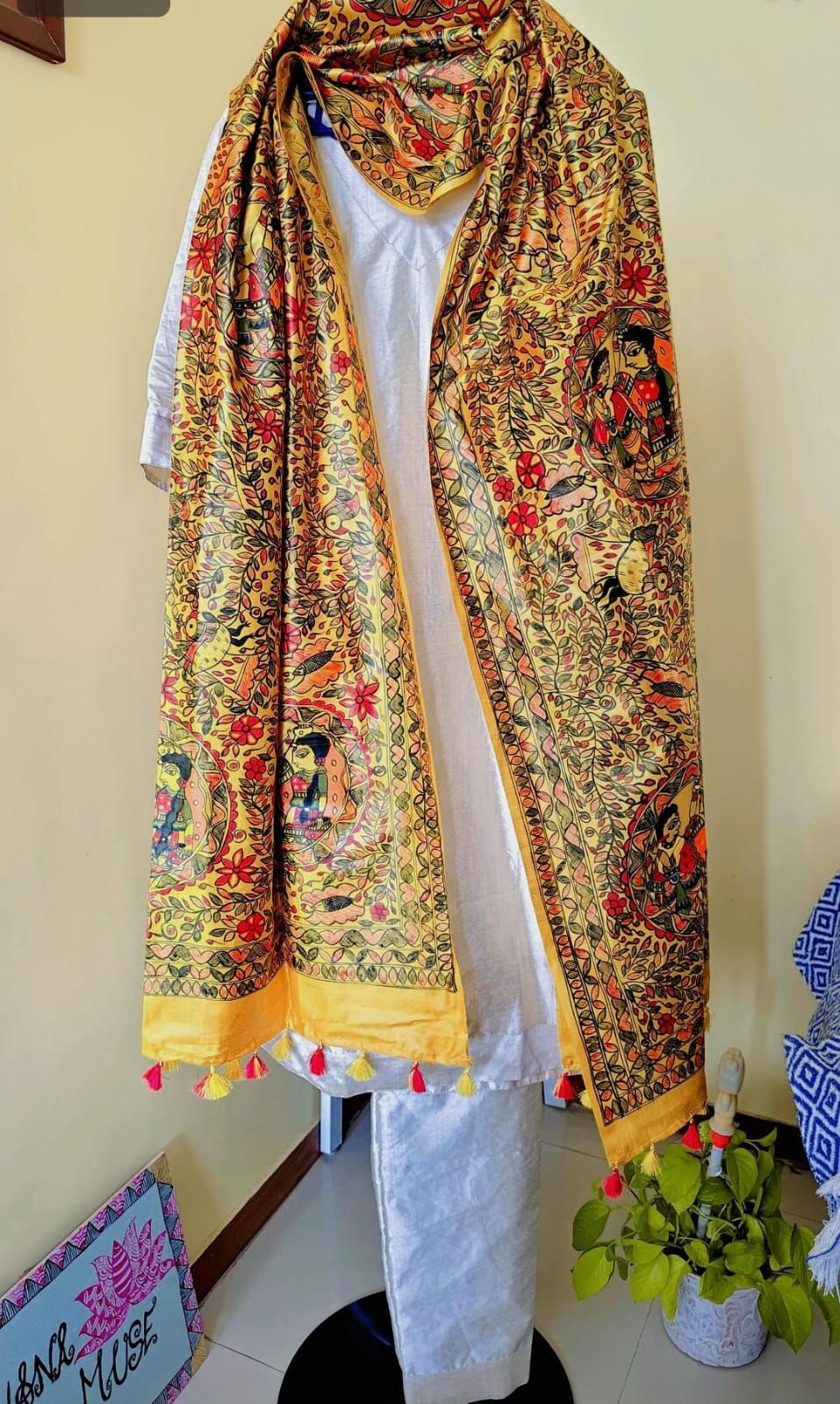 Thumbnail: Designer Radha-Krishna Ras Leela hand-painted silk dupatta by Archana Muse