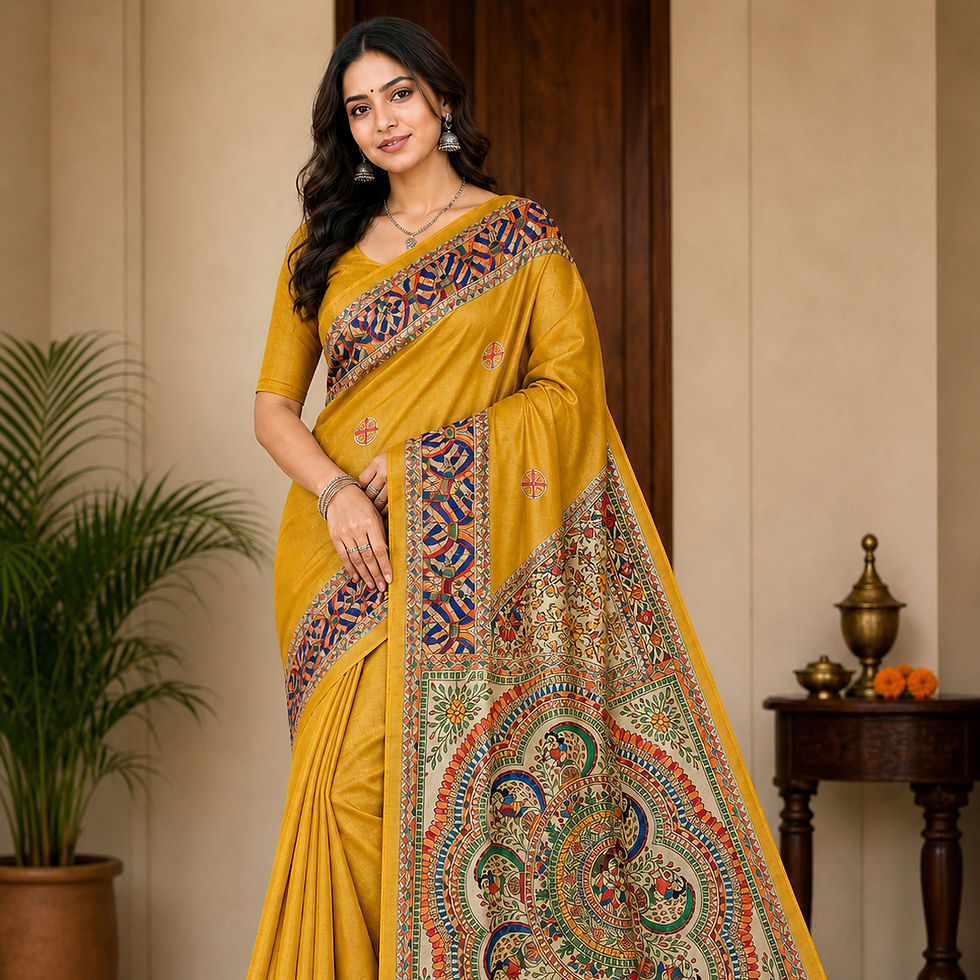 Traditional hand-painted Madhubani Ghicha silk saree with Vrindavan theme
