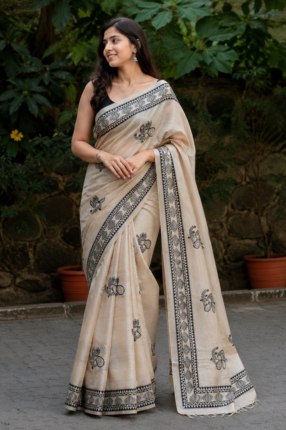 Thumbnail: Elegant offwhite tassar silk saree featuring black Madhubani peacock art