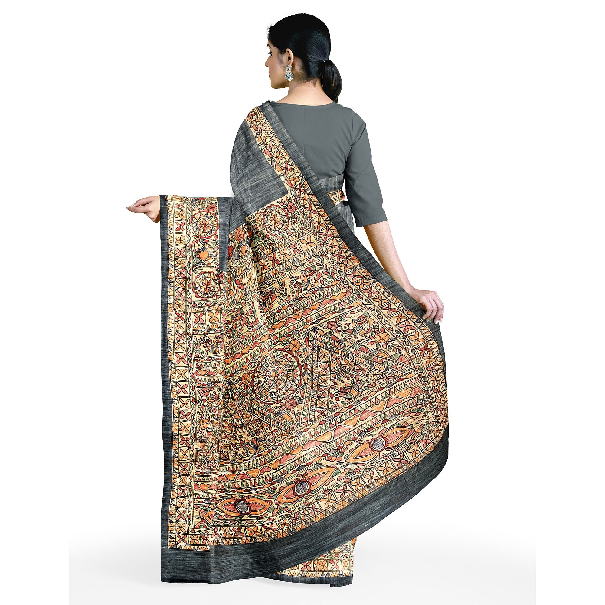 Midnight Nature Handpainted Madhubani ghicha silk saree