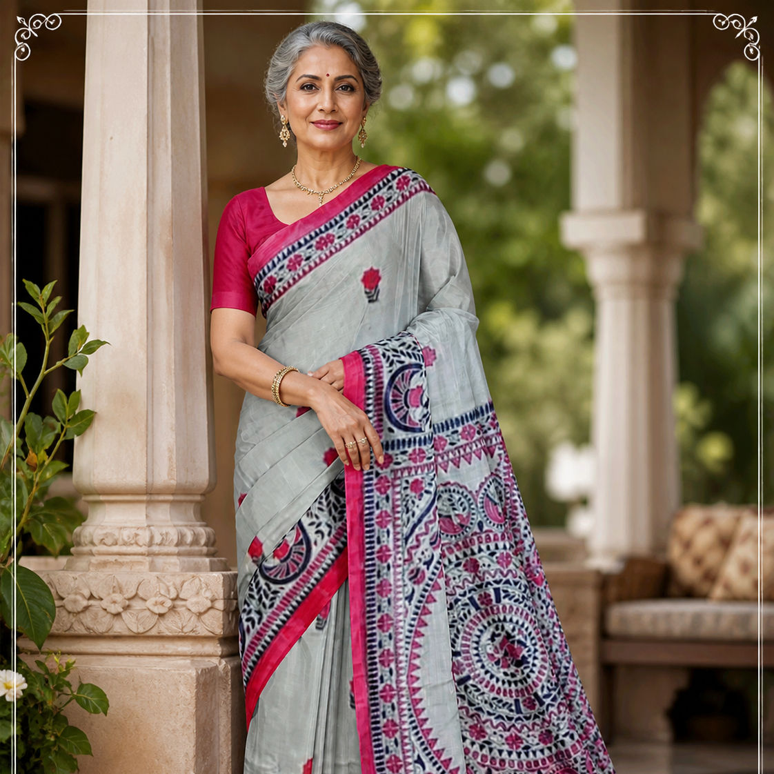 Traditional hand-painted Madhubani Munga silk saree with Nritya Leela design