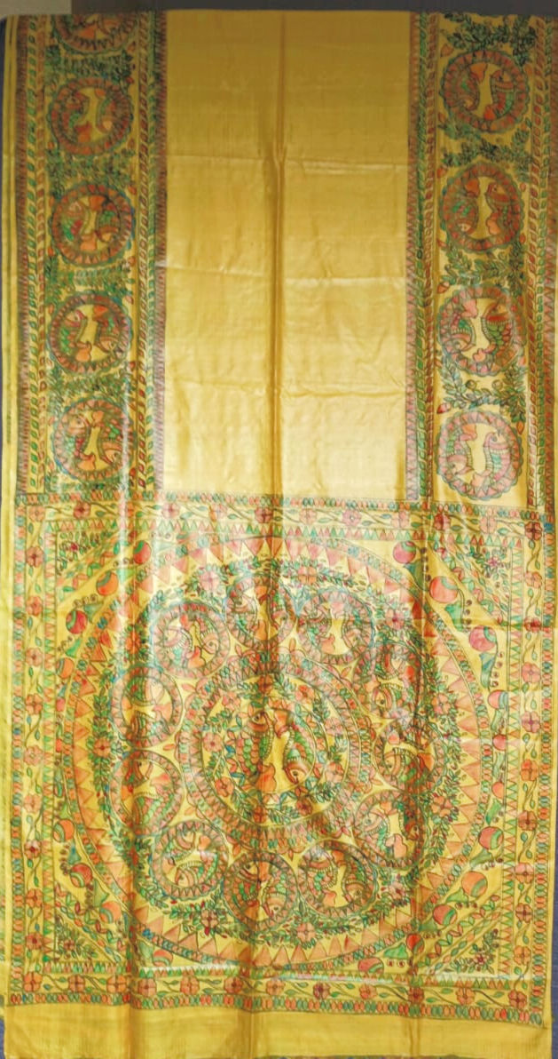 Thumbnail: Golden Matsya Tale hand painted madhubani tussar silk saree