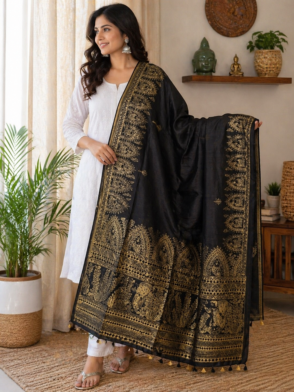 Suvarna Matsya handpainted madhubani tassar silk duptta