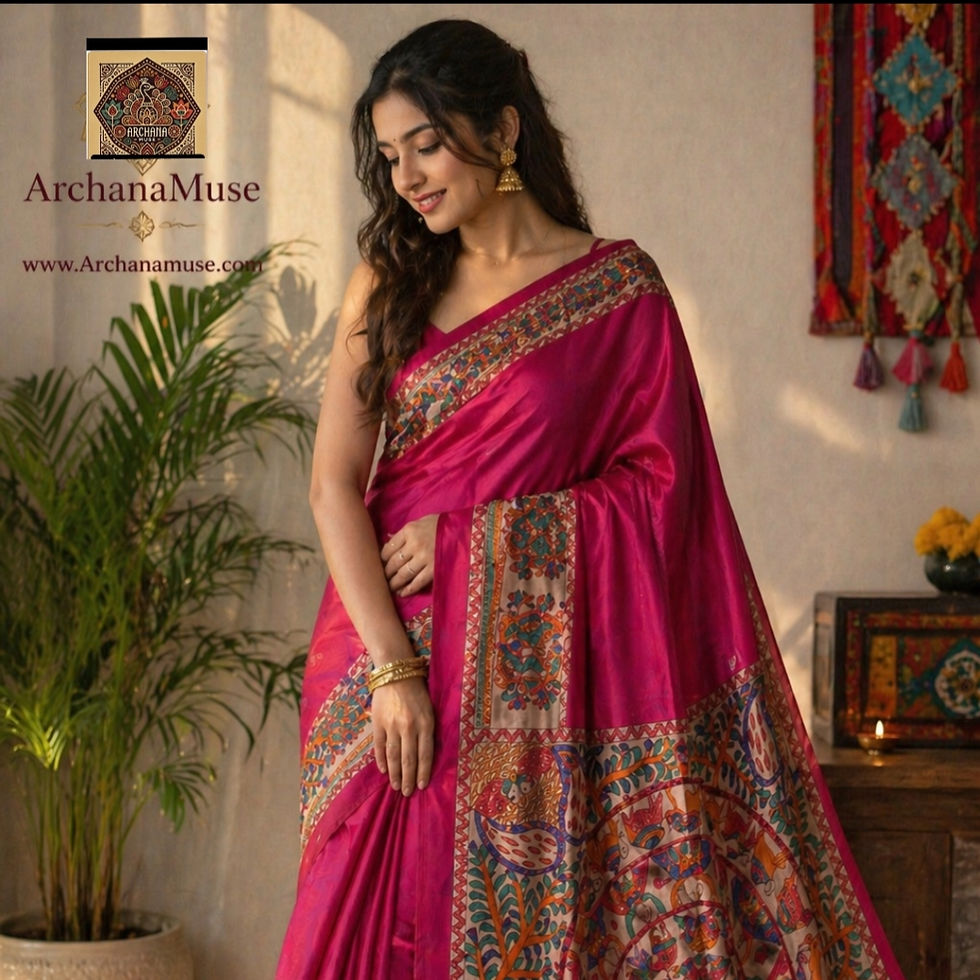 Thumbnail: Exclusive artisan-made Shahi Mayur Gaj Katha Madhubani Munga silk saree