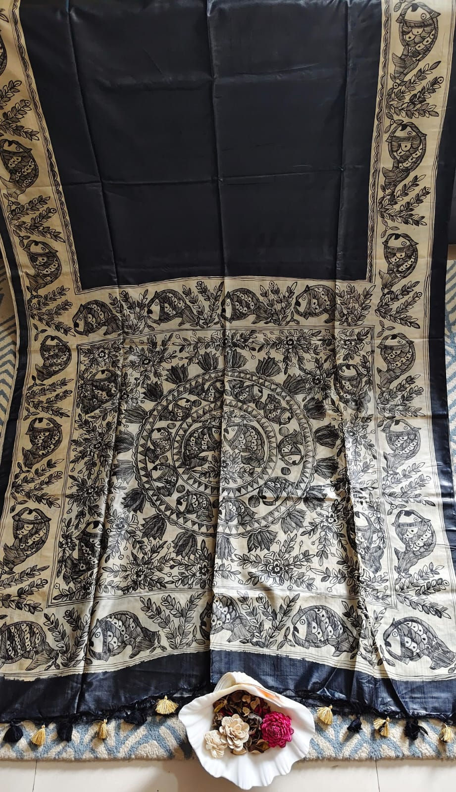 Thumbnail: Traditional hand-painted Madhubani Munga silk saree with Mithila Kala design