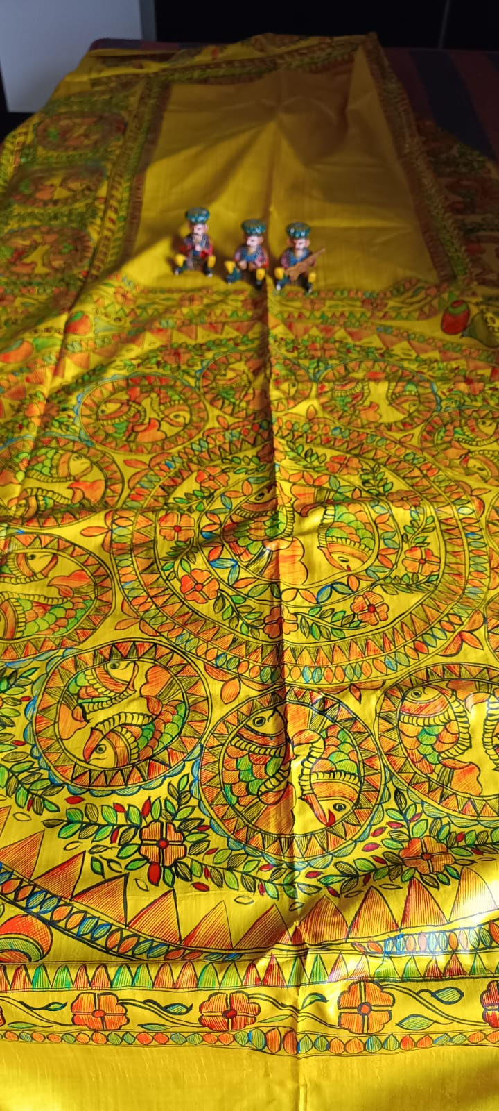 Thumbnail: Golden Matsya Tale hand painted madhubani tussar silk saree