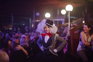 Neisha in MC mode for the Merrigong Theatre Co spiegeltent season.