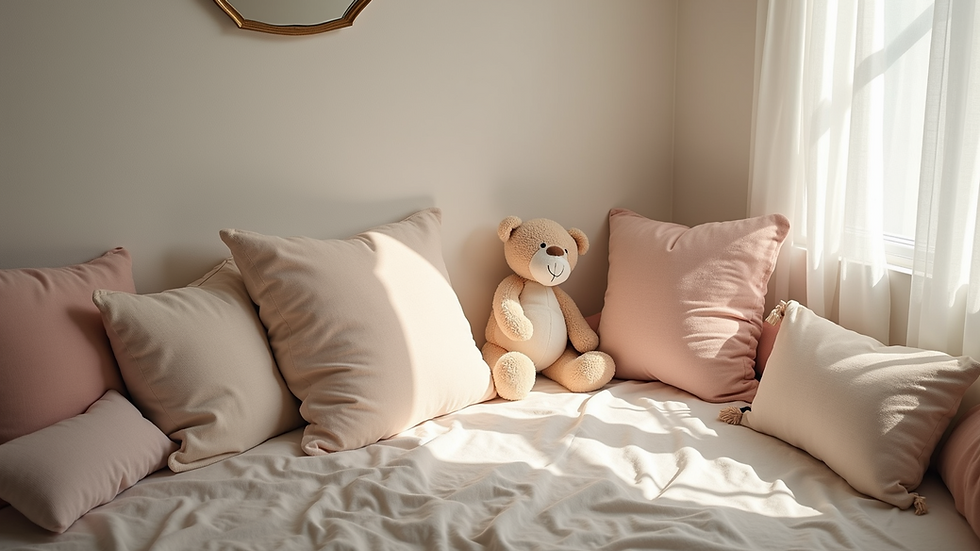 High angle view of a calm corner filled with soft pillows and toys
