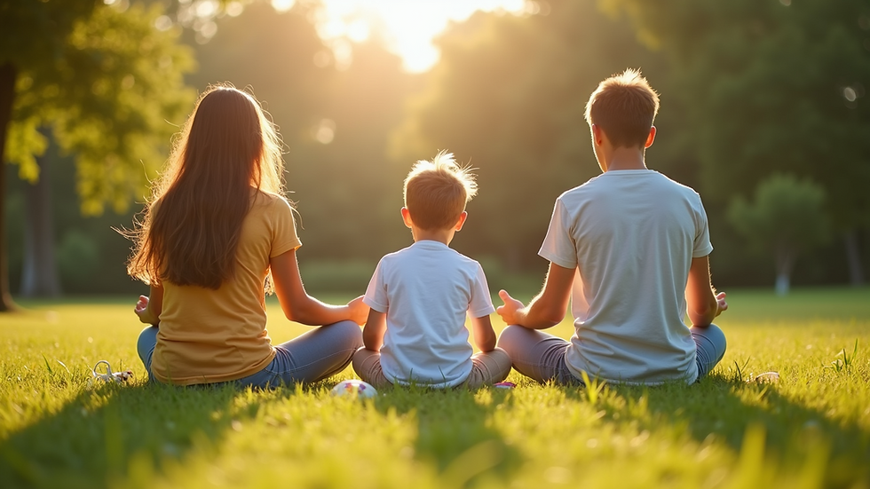 Eye-level view of a family engaged in an outdoor mindfulness activity