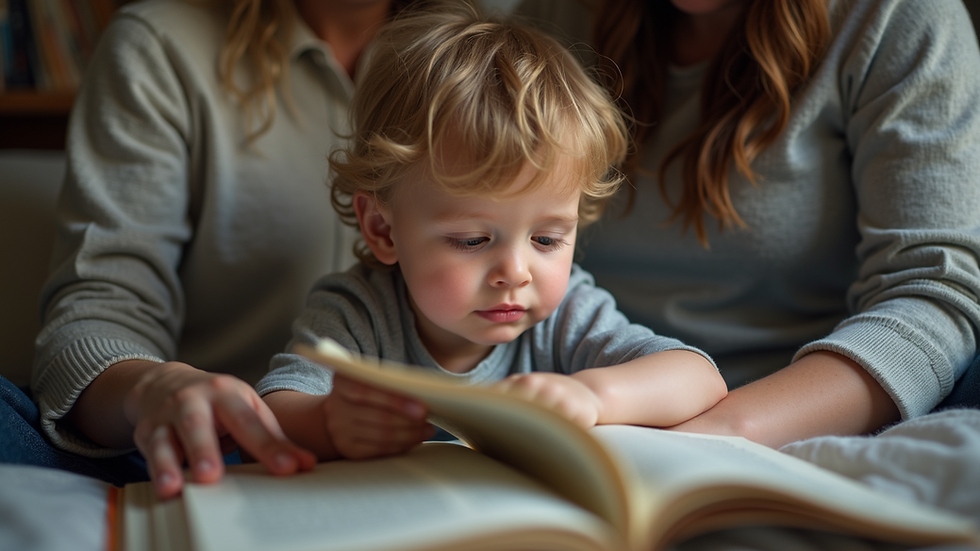 Close-up view of a child reading a book with a parent