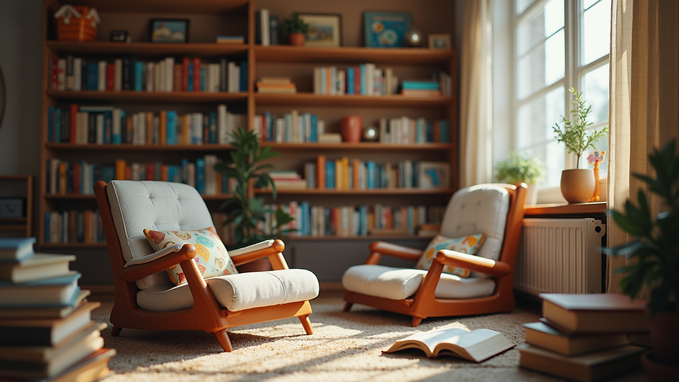 Eye-level view of a cozy reading nook filled with children’s books