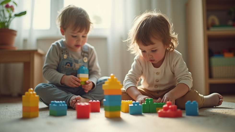 Eye-level view of children playing with building blocks in a cozy indoor setting