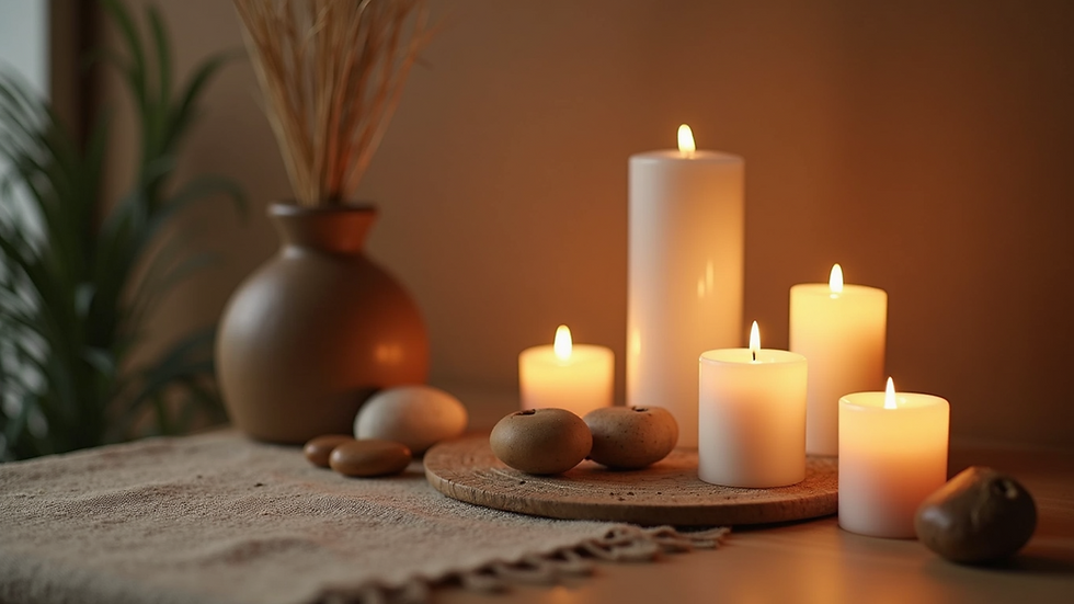Close-up view of a serene meditation corner with candles and natural elements