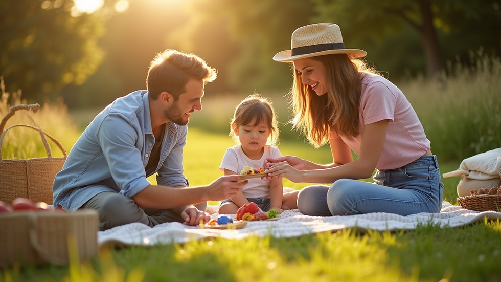 High angle view of a family enjoying a picnic on a sunny day