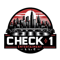 Check 1 Entertainment LLC logo with city skyline, red, black, white, and a dash of gray (1