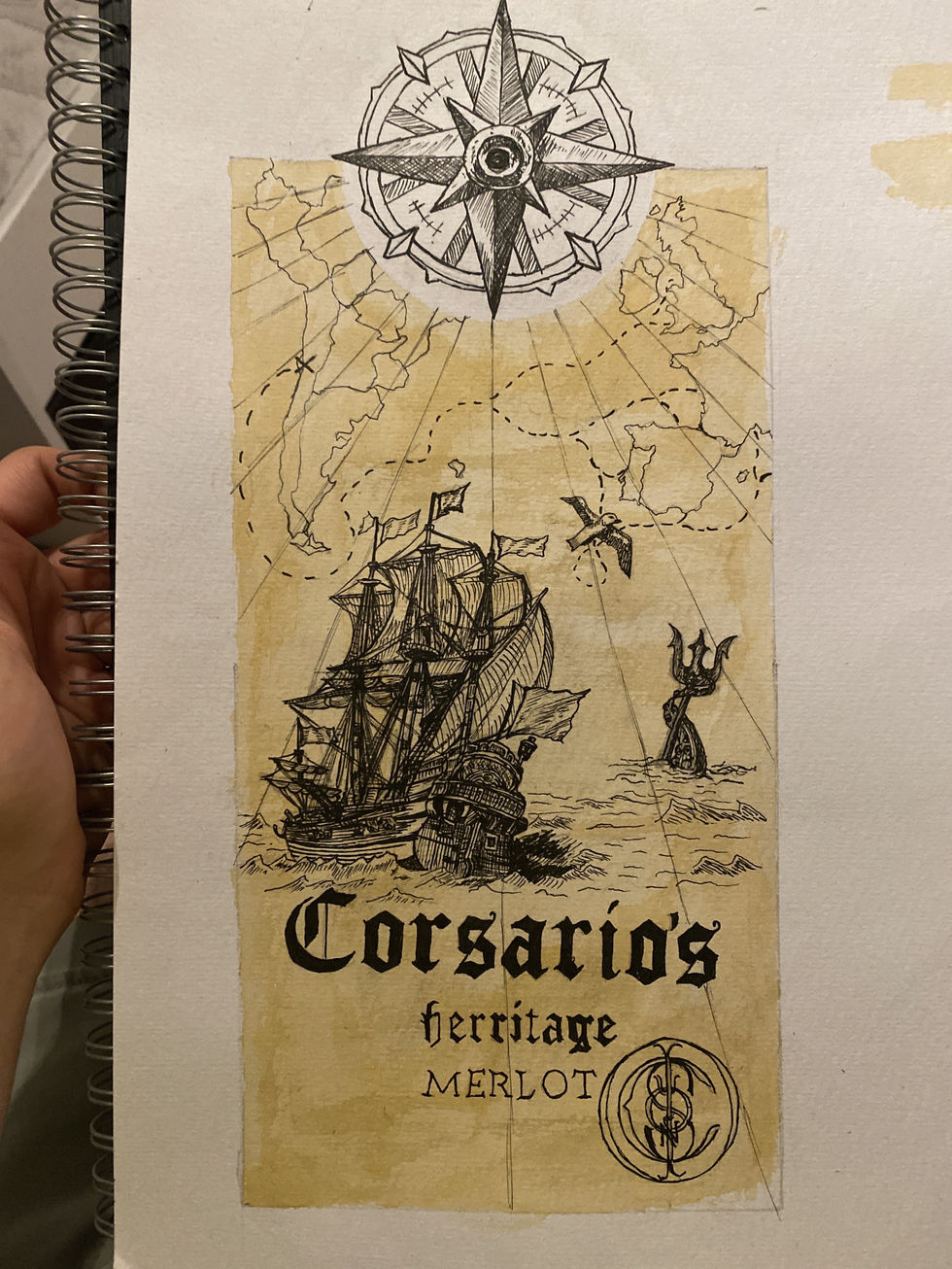 illustrated wine bottle label, olden typography and historical illustration, fine line