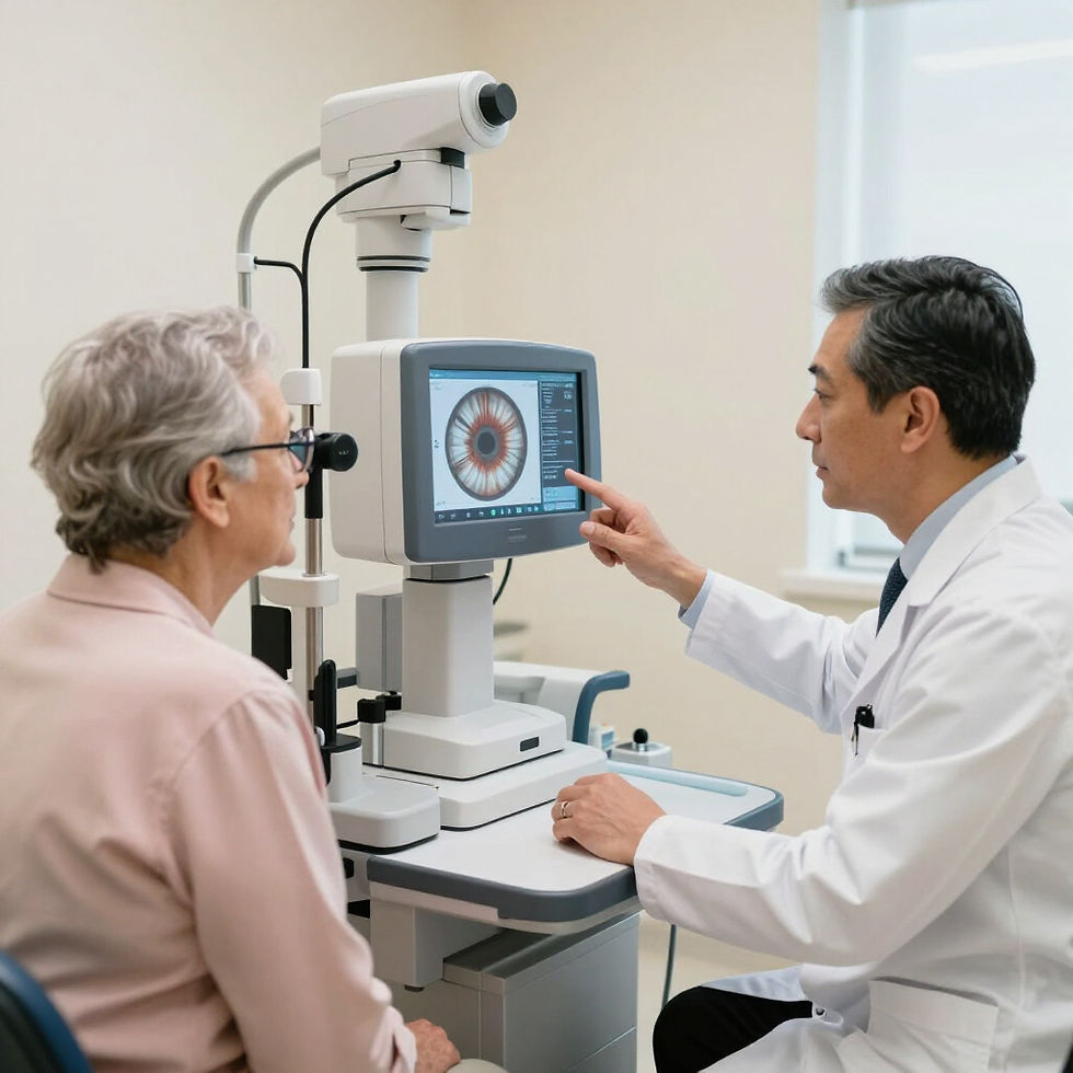Ophthalmologist reviewing eye scan with patient