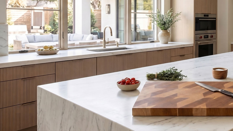 An end-grain heirloom cutting board for Mother's Day featuring a sophisticated houndstooth pattern is the central focus of a luxury kitchen island in a Dallas-Fort Worth estate. The board, handcrafted from premium hardwoods like Hard Maple and American Black Cherry, is positioned on a white marble waterfall countertop. A single high-end chef's knife rests on the board's surface, highlighting the functional art philosophy and the self-healing properties of the vertical wood fibers. In the background, the kitchen features fluted cabinetry and professional-grade appliances, reflecting the quiet luxury and biophilic design trends of Highland Park and Preston Hollow. Natural light from large windows illuminates the board’s velvety smooth, hand-sanded finish, emphasizing its role as the anchor of the domestic sphere.