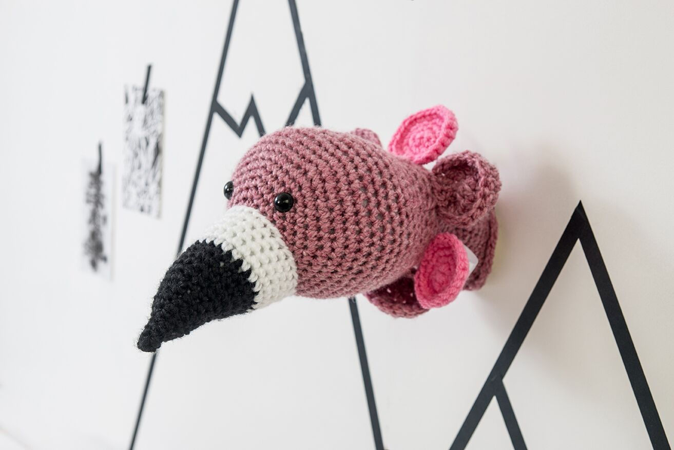 Faux taxidermy crochet flamingo