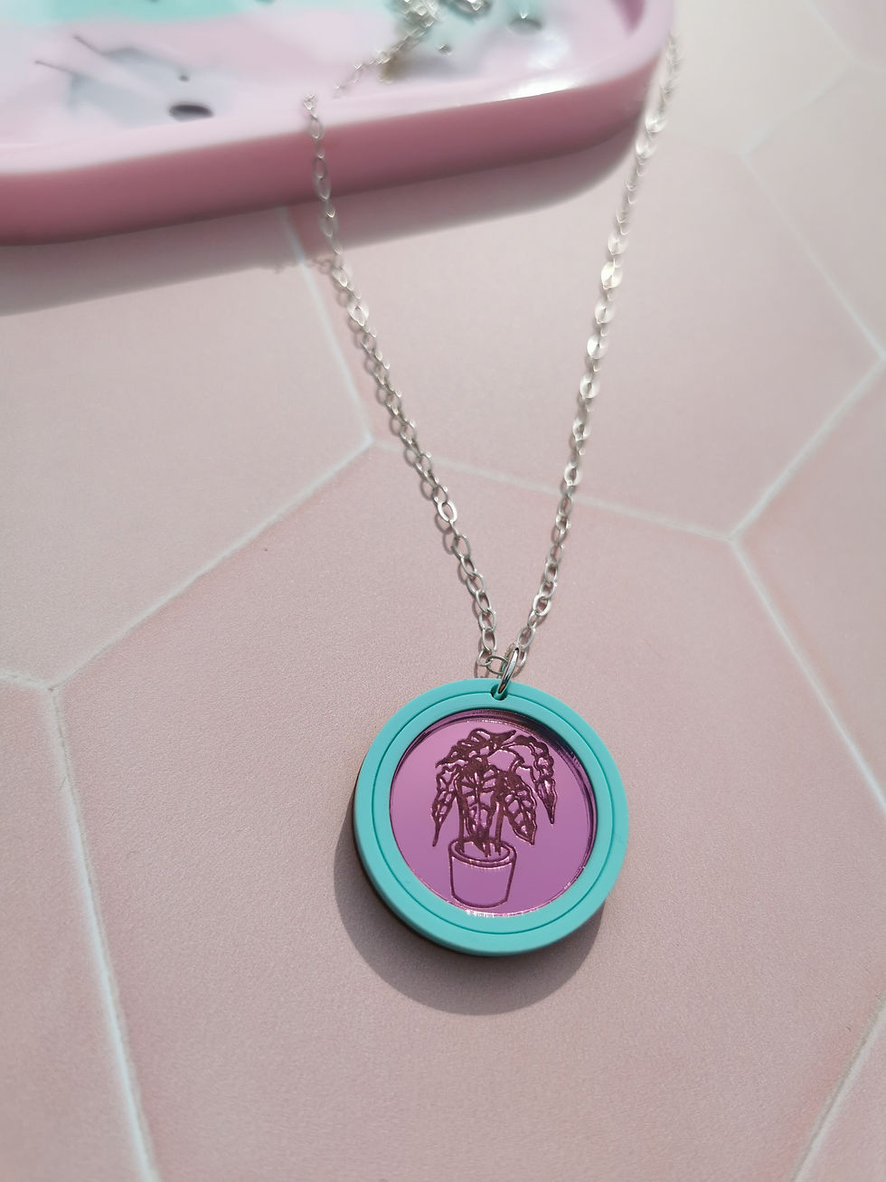 Thumbnail: House plant disc, elephants ear plant sterling silver necklace