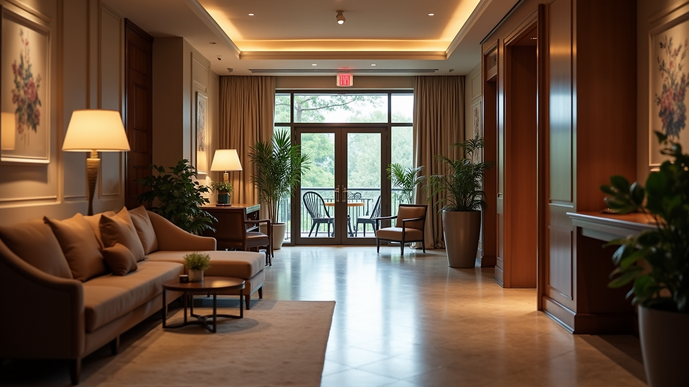 Eye-level view of a cozy hotel lobby with stylish design