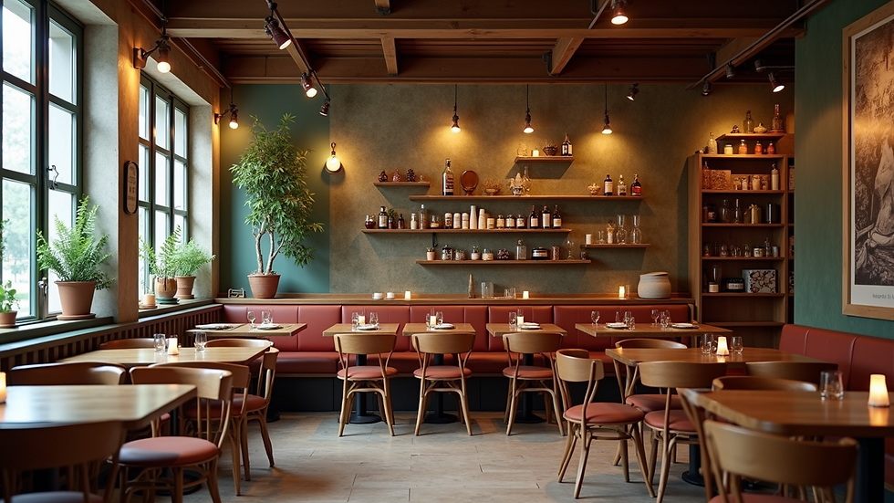 Wide angle view of a cozy restaurant with unique furniture and decor
