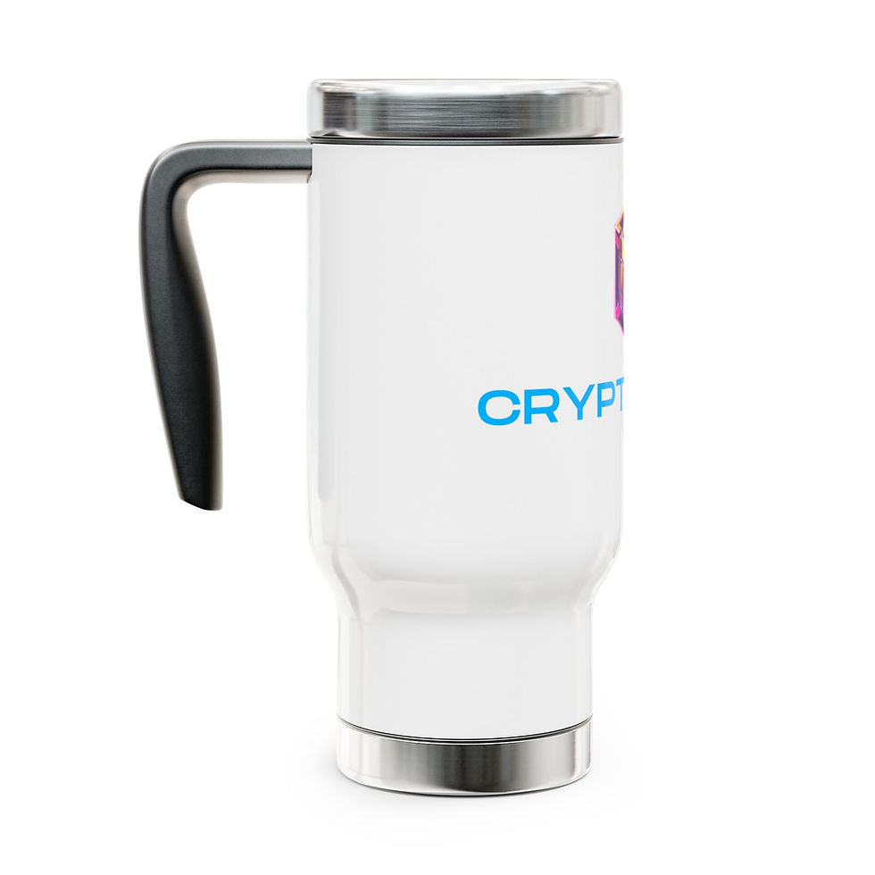 White 14oz stainless steel travel mug with Crypto Cube logo